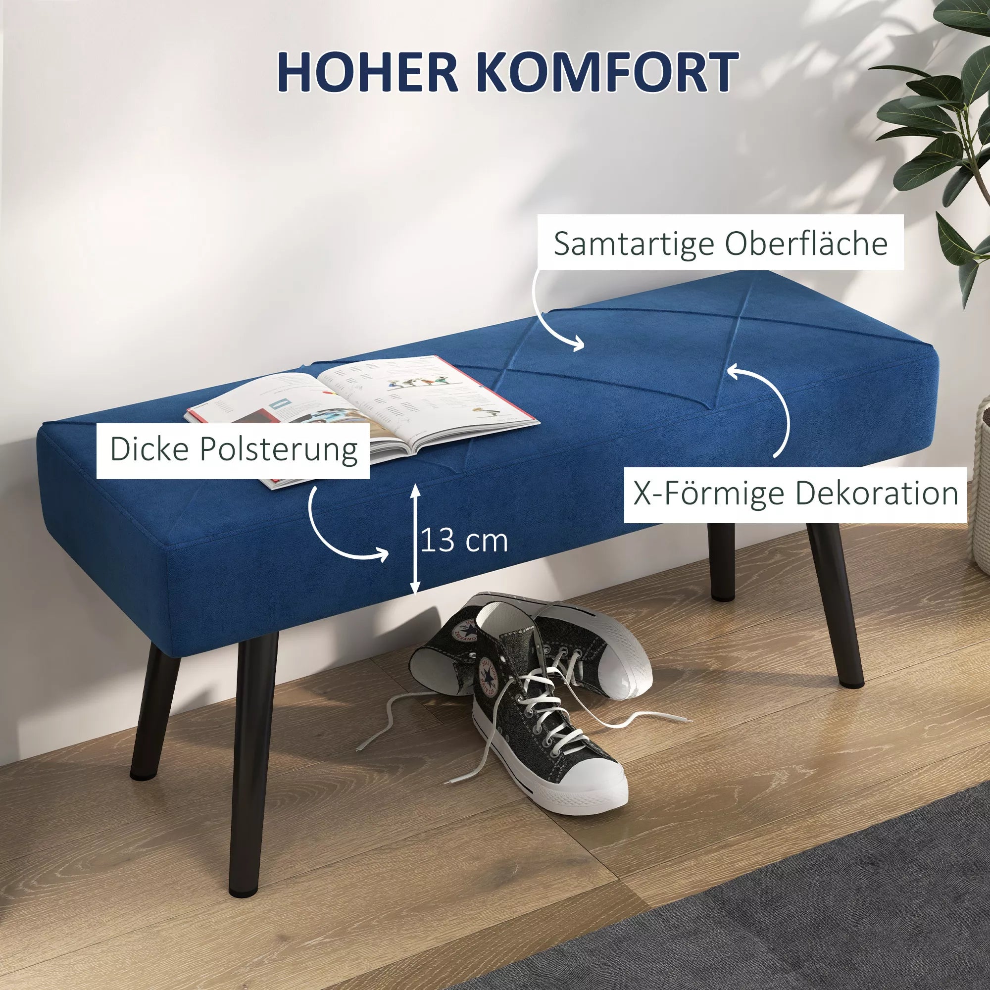 Sėdimoji sofa, minkšta sofa, lovos sofa, aksomo išvaizda, 100 x 36 x 45 cm, mėlyna
