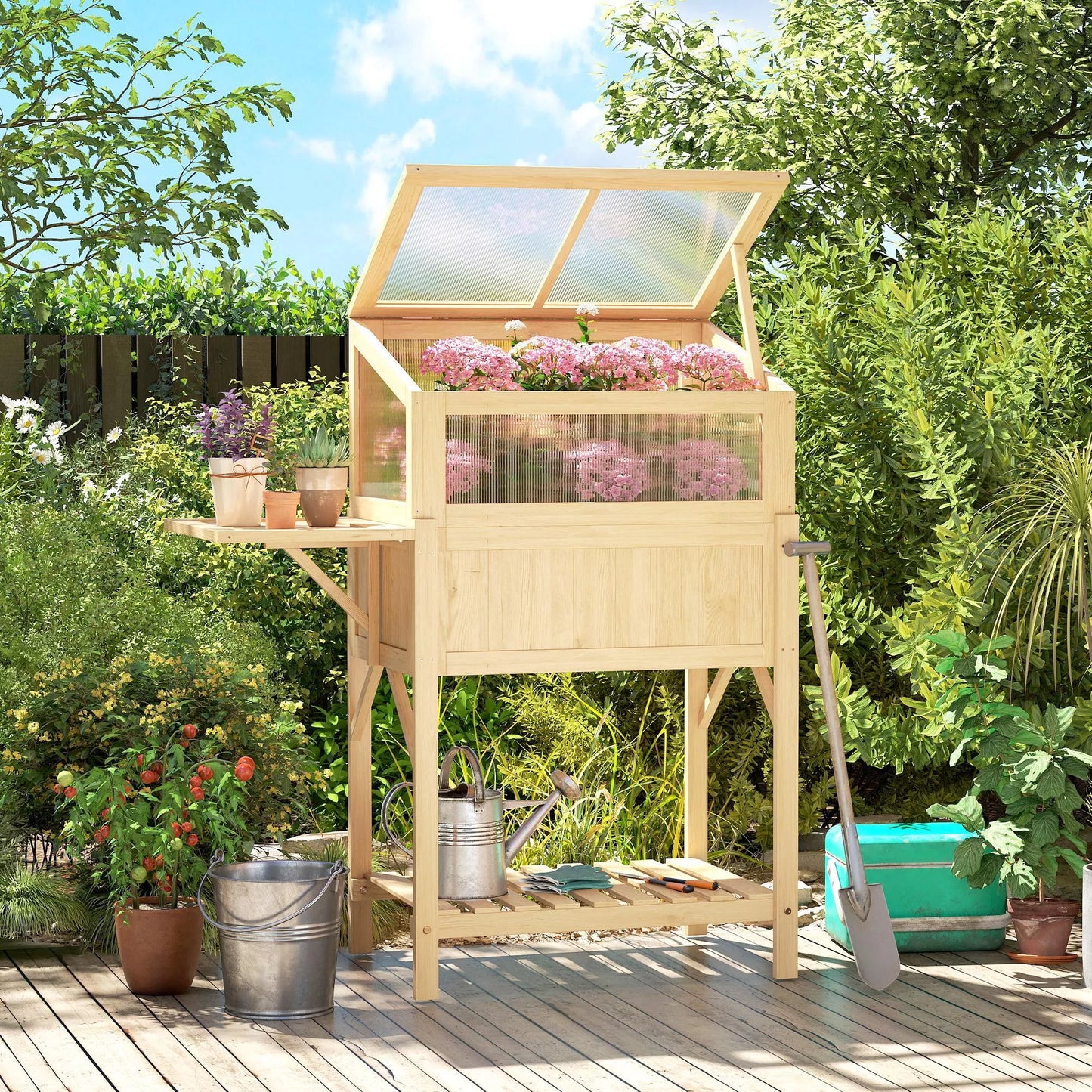 Pakelta lysvė su rėmu iš medžio, sulankstoma sodinimo dėžė su šiltnamiu, šoninis staliukas, daiktadėžė, natūrali mediena