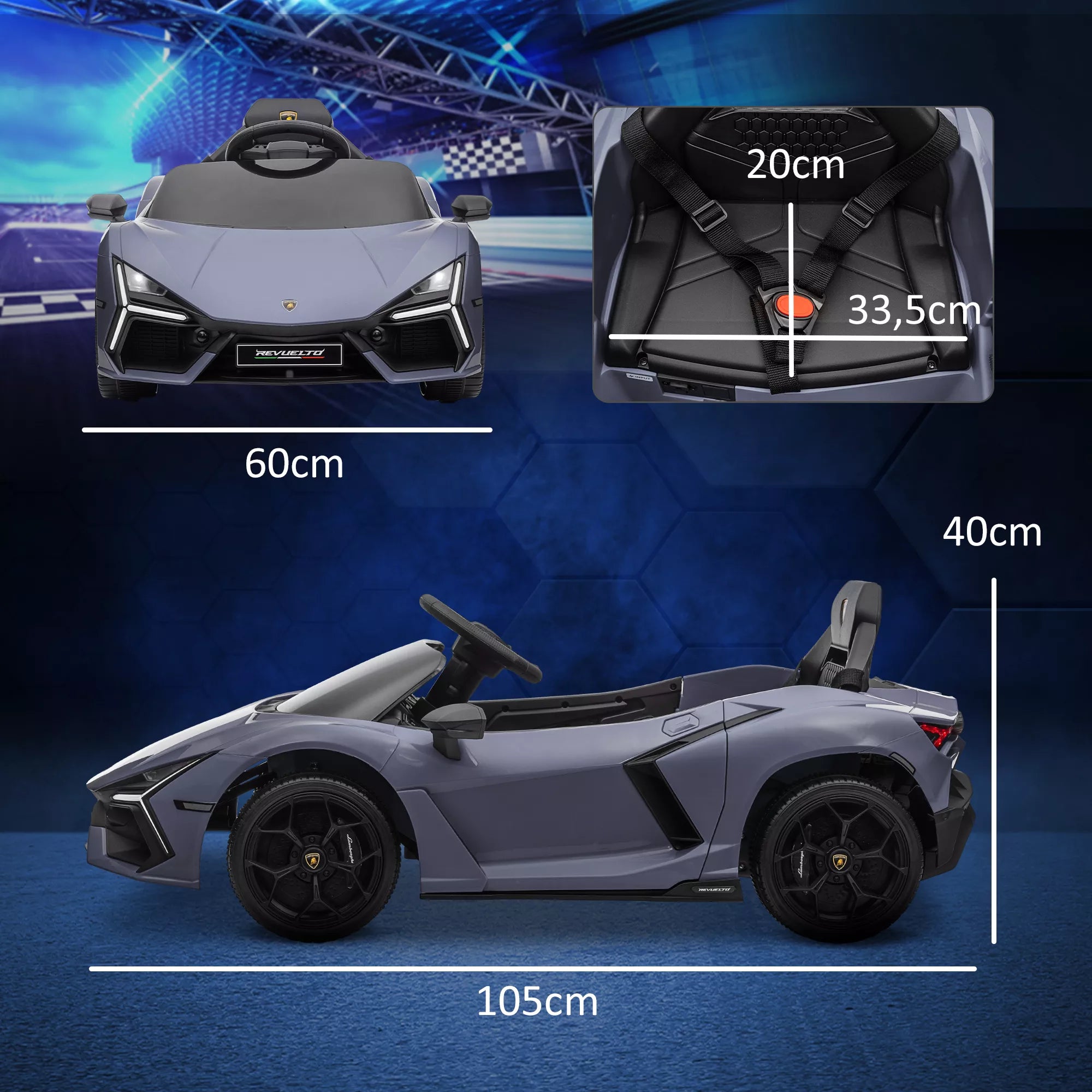 Vaikų automobilio matmenų schema su išmatavimais