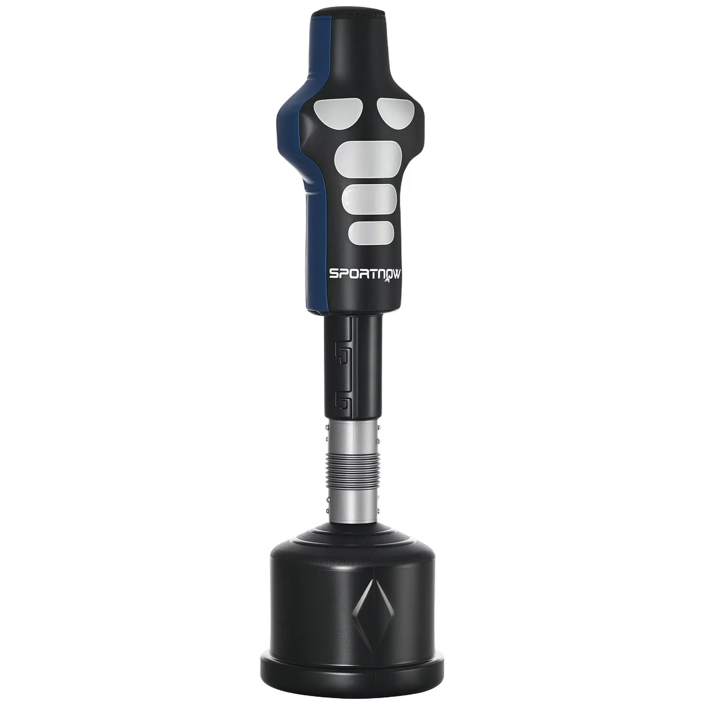 Pastatomas bokso treniruoklis, reguliuojamo aukščio, su sunkiu pagrindu, dirbtinė oda, juoda+pilka+mėlyna, 55 x 55 x 178-207 cm