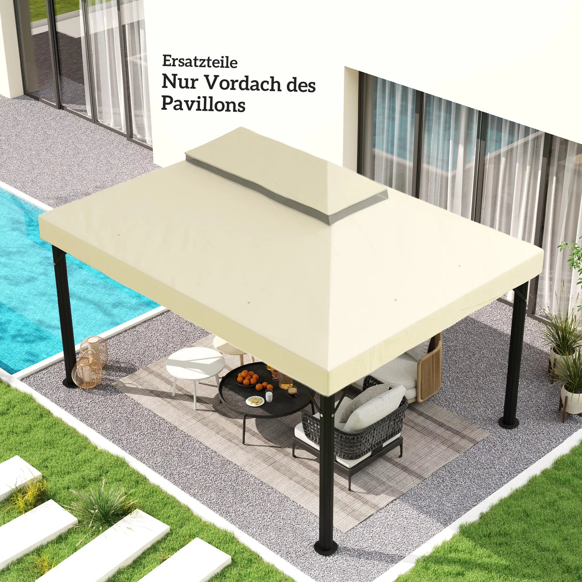 Paviljono atsarginis stogas, 3 x 4 m, atsarginis tentas su vandens nutekėjimo angomis, poliesteris, apsauga nuo saulės, UPF30+, kreminė balta spalva