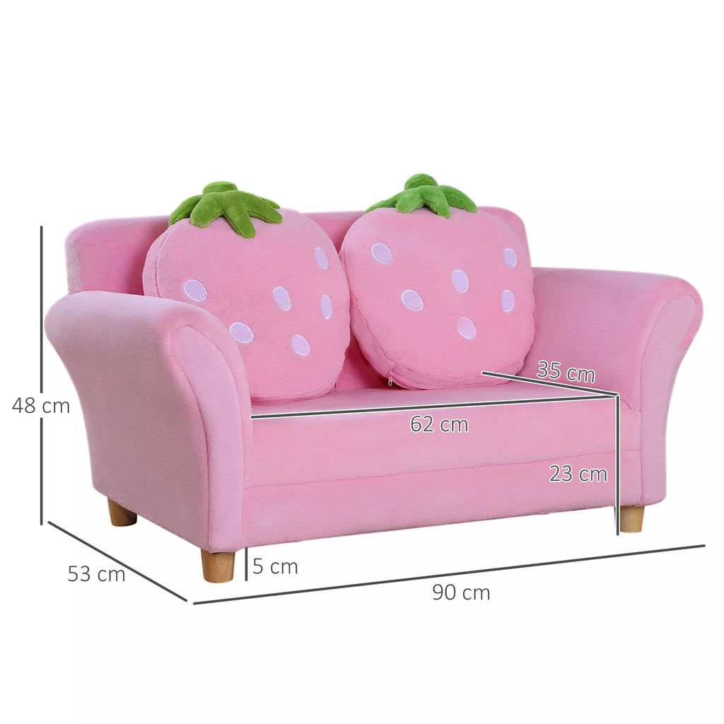 Vaikiškos sofos matmenų schema: 90 cm plotis, 53 cm gylis, 48 cm aukštis