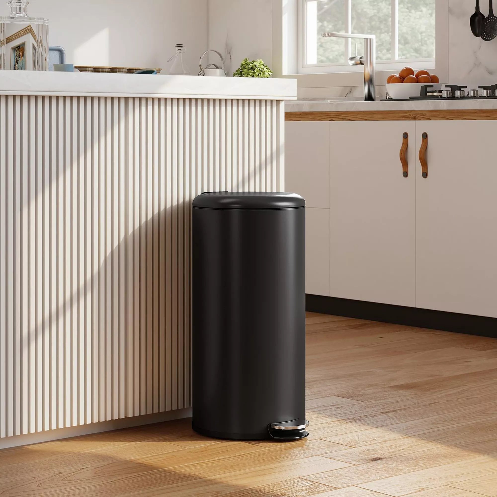 30 l šiukšliadėžė su pedalu ir „Soft-close“ dangčiu, metalinė šiukšliadėžė virtuvei, atspari pirštų atspaudams, 36 × 30 × 63,5 cm, juoda