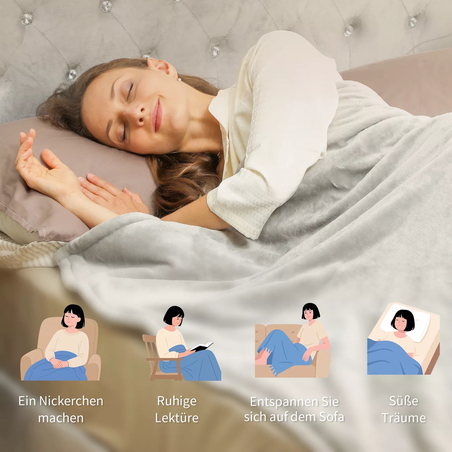 Elektrinė šildanti antklodė 180 x 130 cm su 10 šildymo lygių, 10 valandų laikmačiu, apsauga nuo perkaitimo, LED indikatoriumi