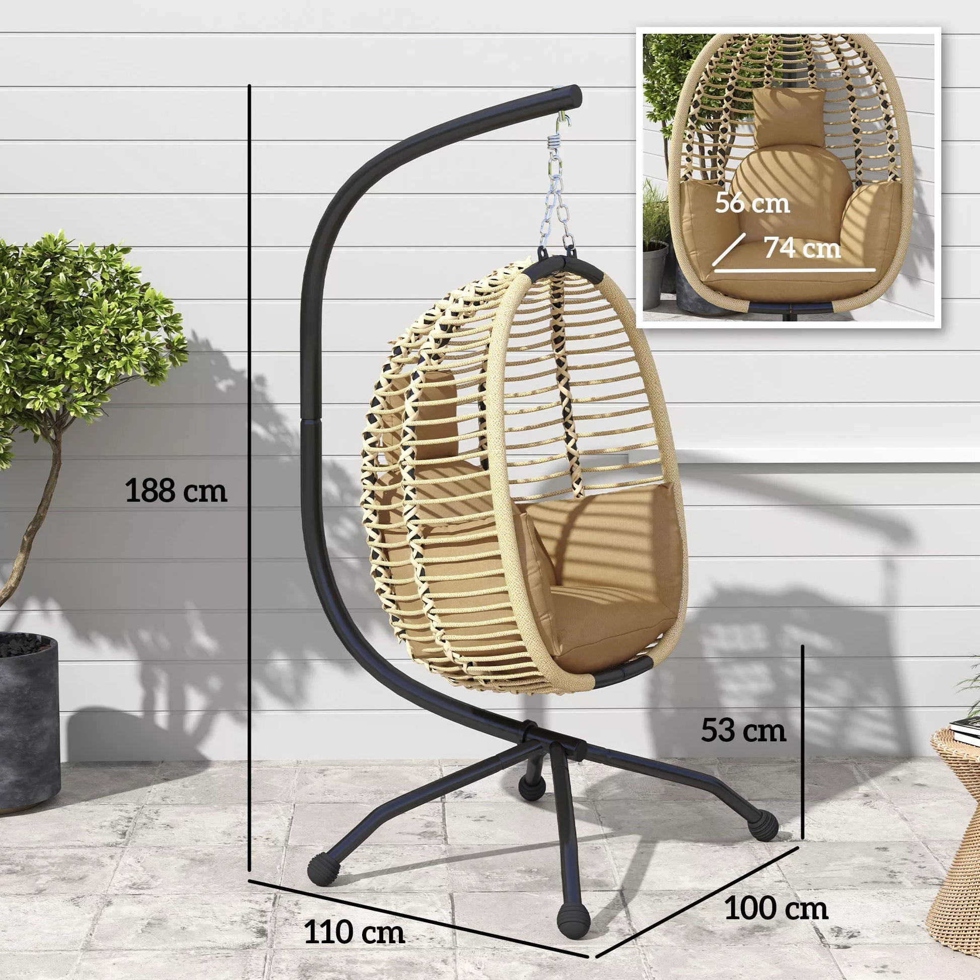 Kabinamas krėslas su stovu, kiaušinio formos sūpynės su puodelių laikikliu, plienas ir tekstilė, 101x101x188 cm, smėlio