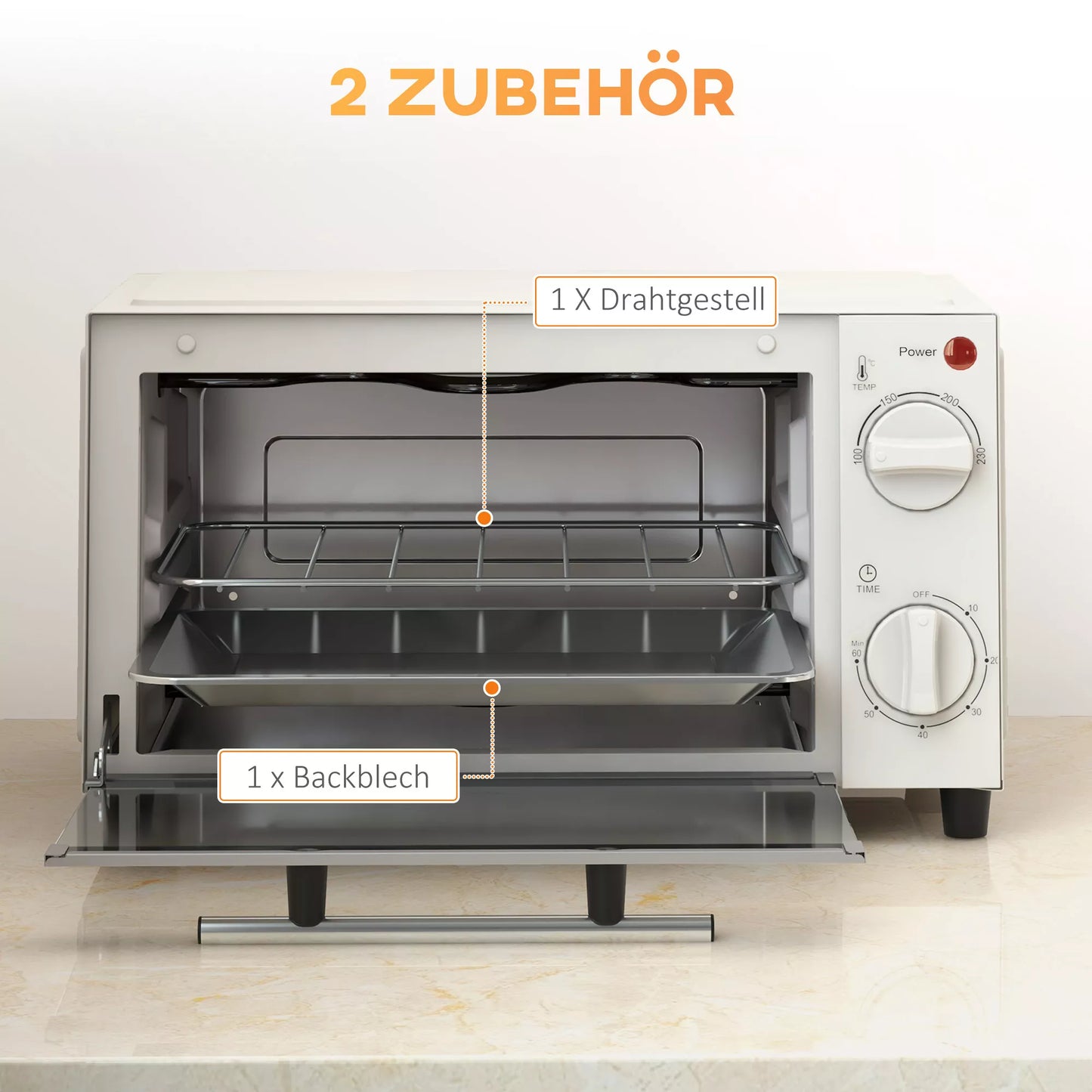 Miniorkaitė, 9 L mini krosnelė su kepimo skarda, grotelėmis, reguliuojama temperatūra ir gaminimo laiku, nerūdijančio plieno, kreminės baltos spalvos