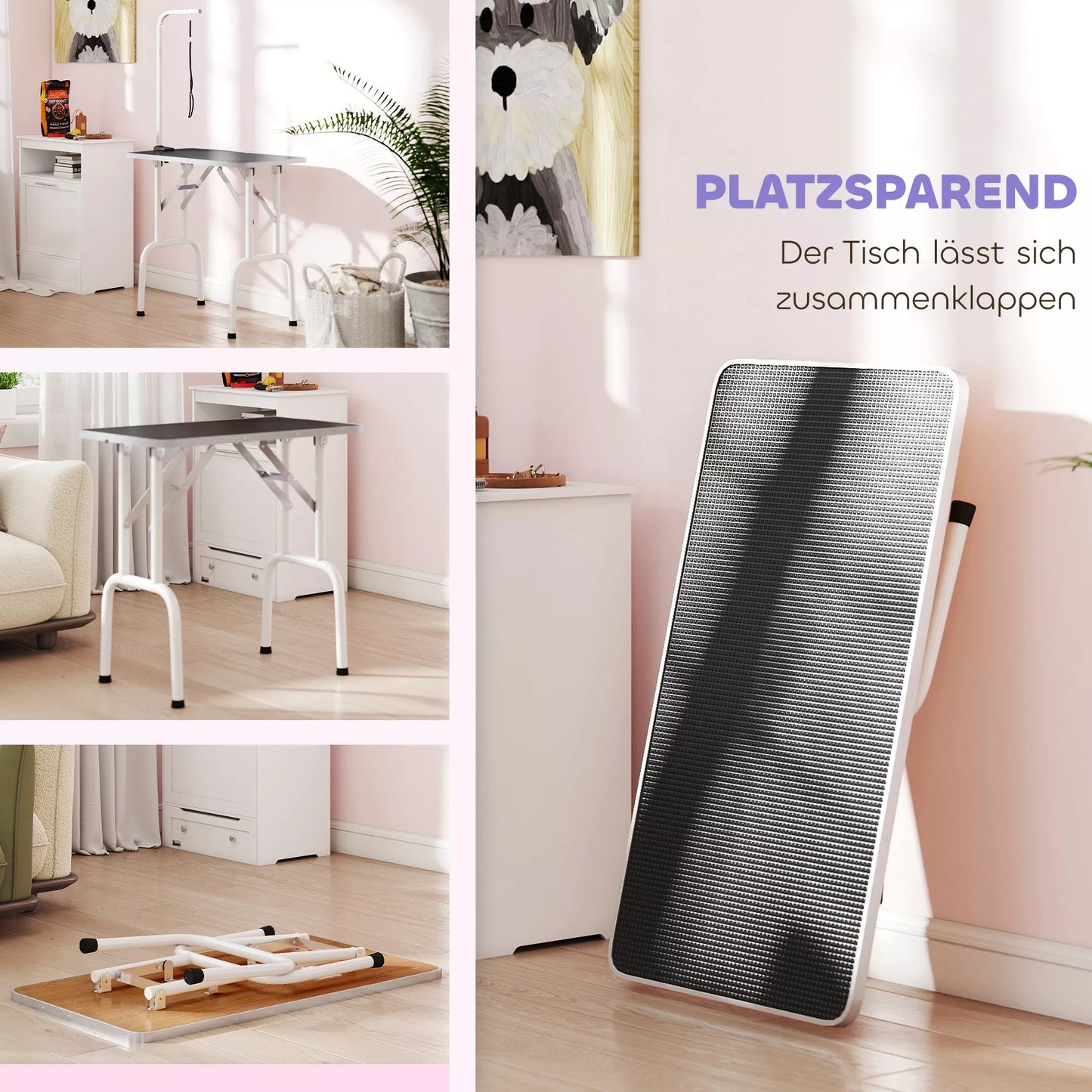 Šunų kirpimo stalas su kilpa, sulankstomas, plieninės kojelės, neslystanti plokštė, 81x48,5x80 cm, juodas