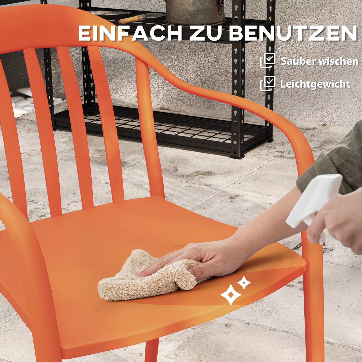 Lauko kėdžių rinkinys iš 4 vnt., atsparus oro sąlygoms, pagamintas iš plastiko, sukraunama kėdė su porankiais, atlošu, atlaiko iki 120 kg