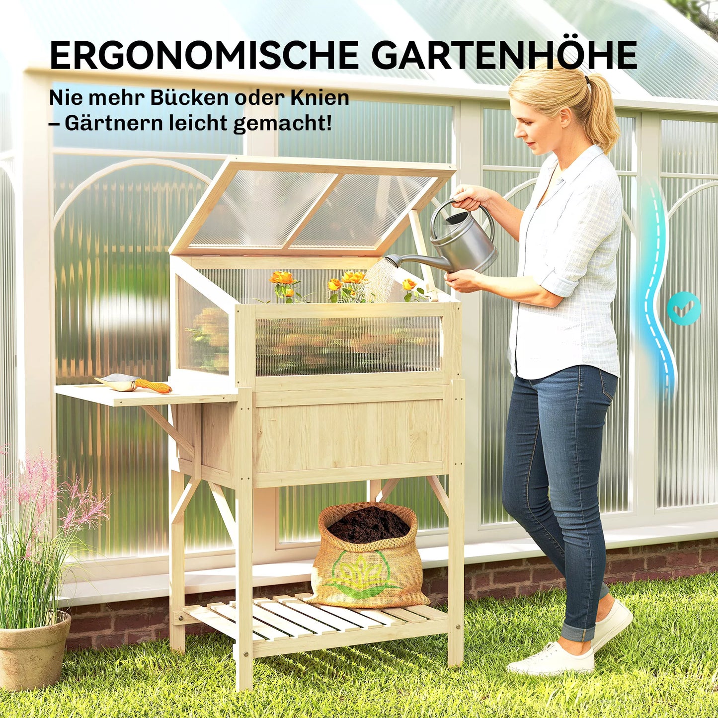 Pakelta lysvė su rėmu iš medžio, sulankstoma sodinimo dėžė su šiltnamiu, šoninis staliukas, daiktadėžė, natūrali mediena