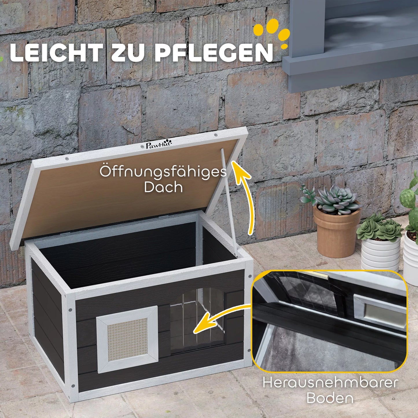 Katės namelis, prieglobstis katėms ir triušiams, medinis namelis su nagų galandimo kilimėliu, durelėmis, 61 x 45 x 36,5 cm, pilkos spalvos