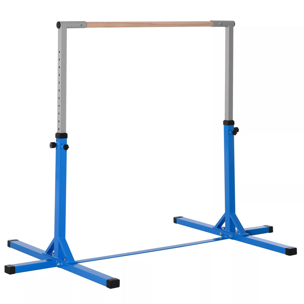 Gimnastikos skersinis, 13 pakopų aukščio reguliavimas, skersinis, medinis skersinis ir tvirta plieninė konstrukcija, atlaikanti iki 75 kg svorį, skirtas 3 ir daugiau vaikų, naudoti patalpose ir lauke, mėlynos spalvos.