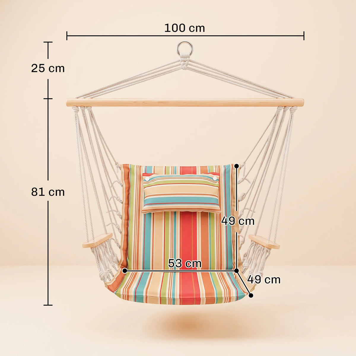 Kėdės matmenų schema: 100 cm plotis, 81 cm aukštis, sėdynė 53x49 cm