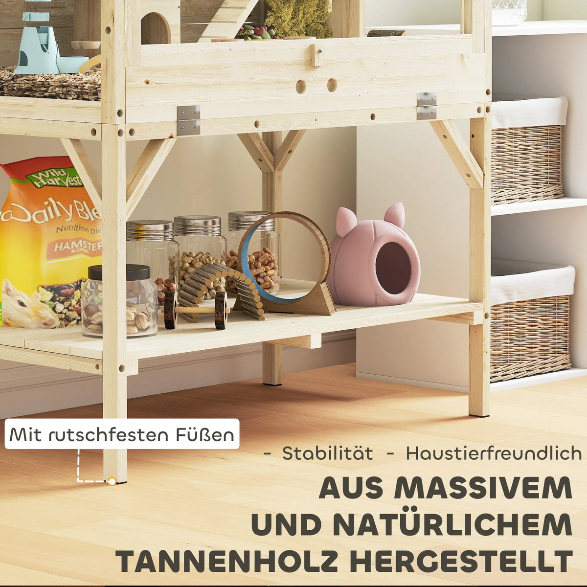 Hamsterio narvas su dviem aukštais ir lentyna 84 x 53 x 110 cm, natūralaus medžio