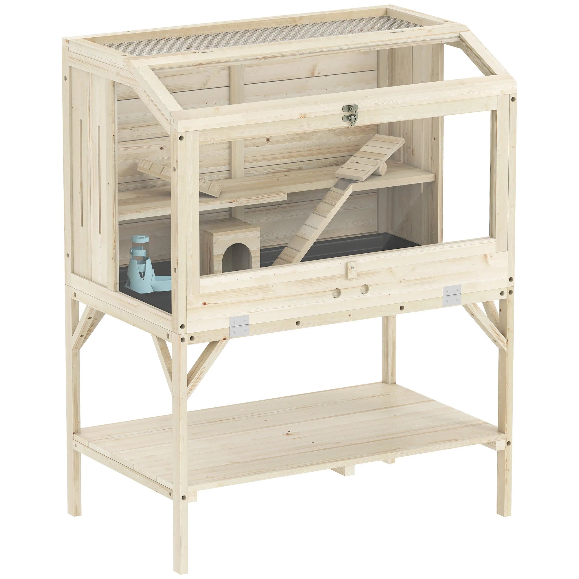 Hamsterio narvas su dviem aukštais ir lentyna 84 x 53 x 110 cm, natūralaus medžio