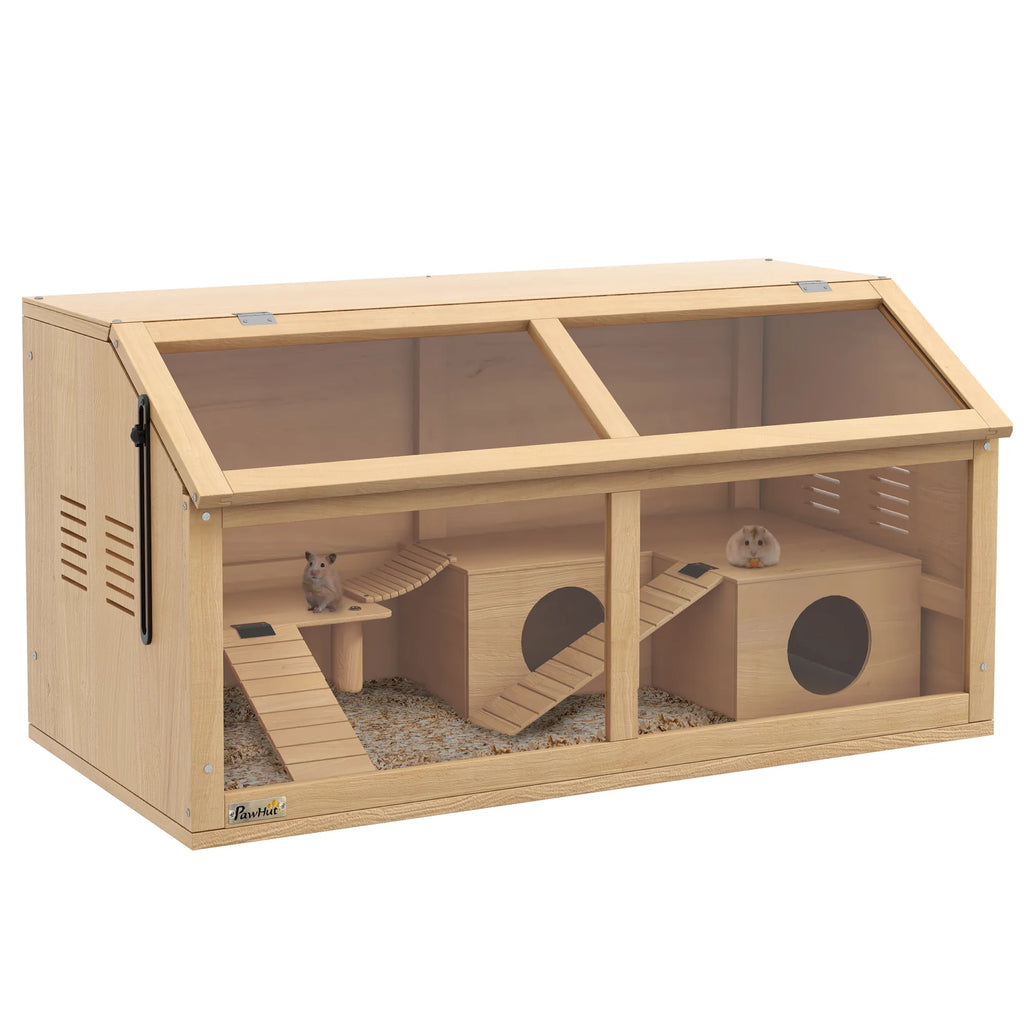 Hamsterių narvas su platforma ir nameliu, 85x45x44 cm, natūralaus medžio