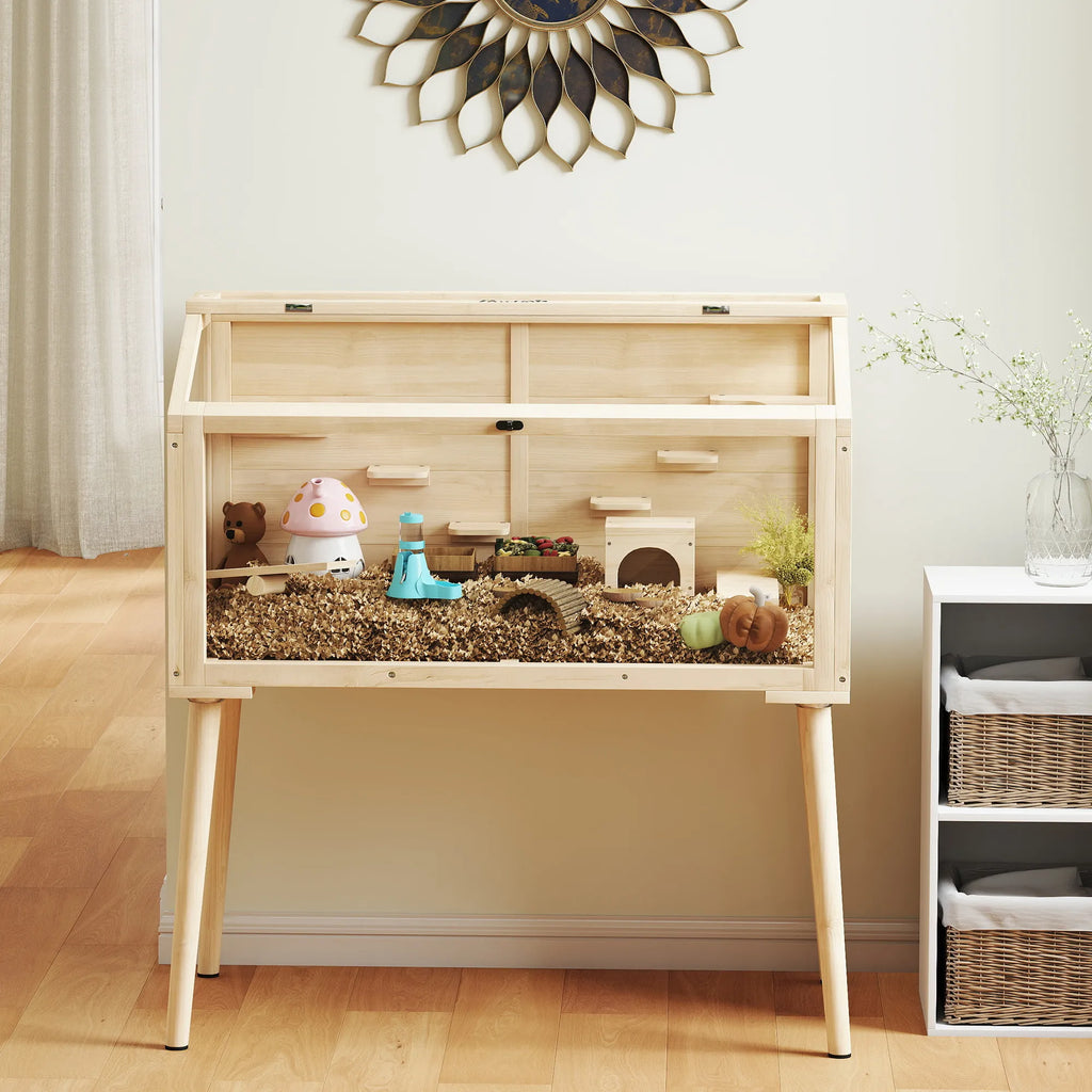 Hamsterių narvas su priedais, 110 x 52 x 101 cm, natūralaus medžio