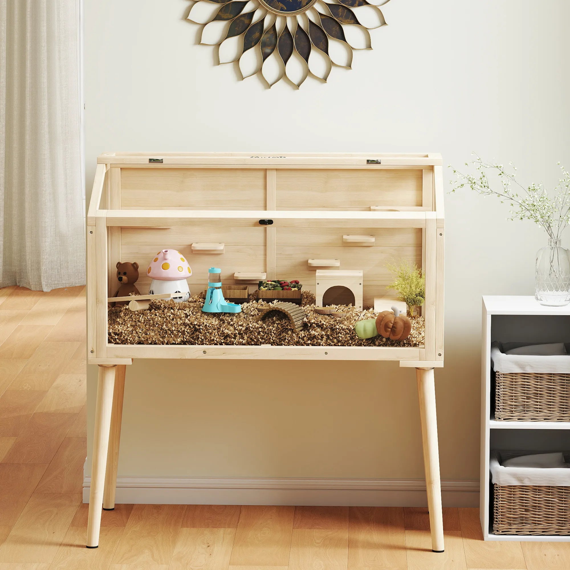 Hamsterių narvas su priedais, 110 x 52 x 101 cm, natūralaus medžio