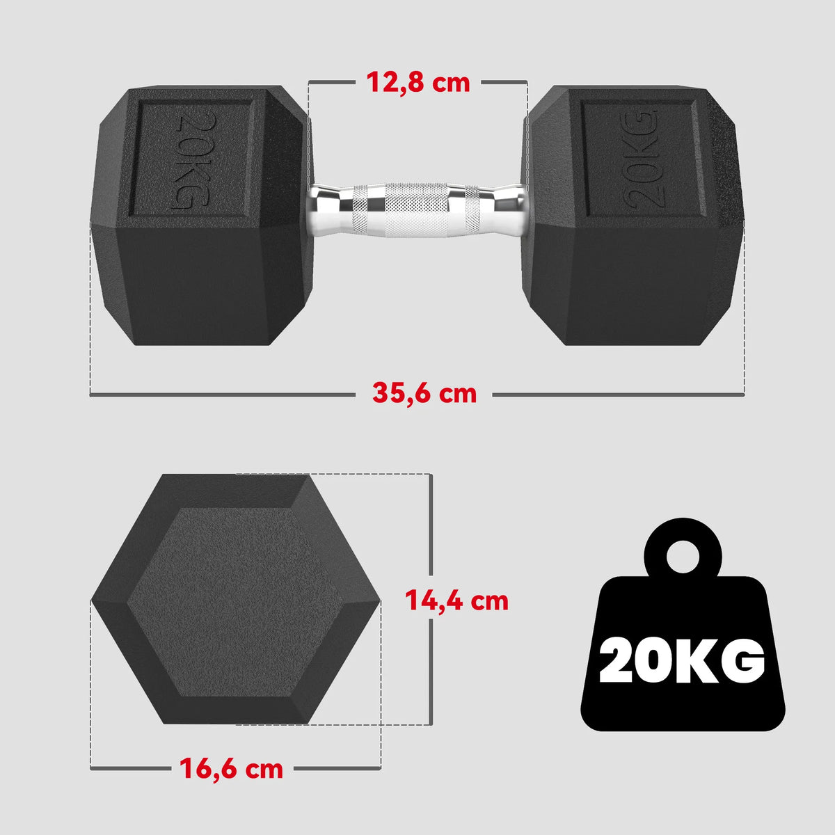 Hantelis su rantuota rankena, 20 kg, juodas