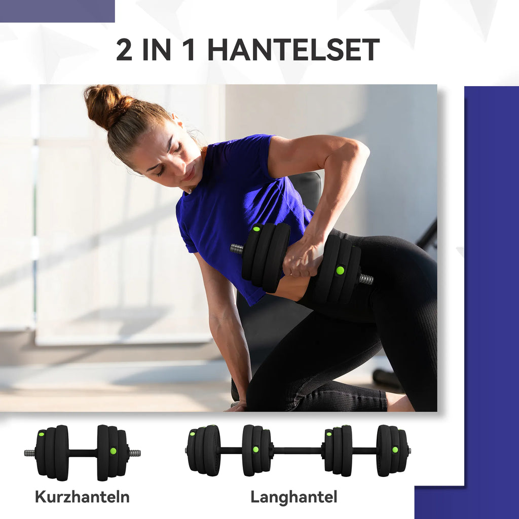 Hantelių komplektas 2-in-1, ilga ir trumpa hanteliai, 25 kg, juoda/žalia