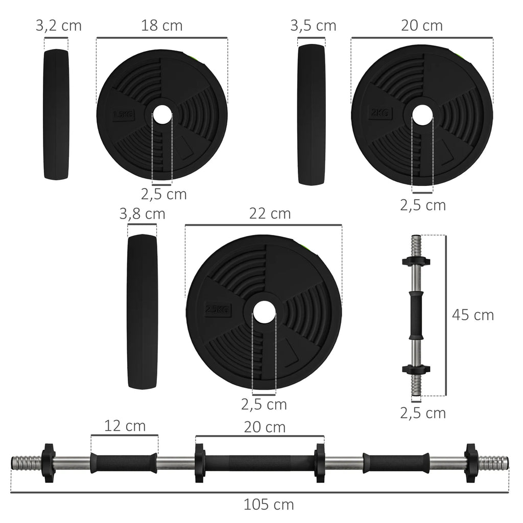 Hantelių komplektas 2-in-1, ilga ir trumpa hanteliai, 25 kg, juoda/žalia