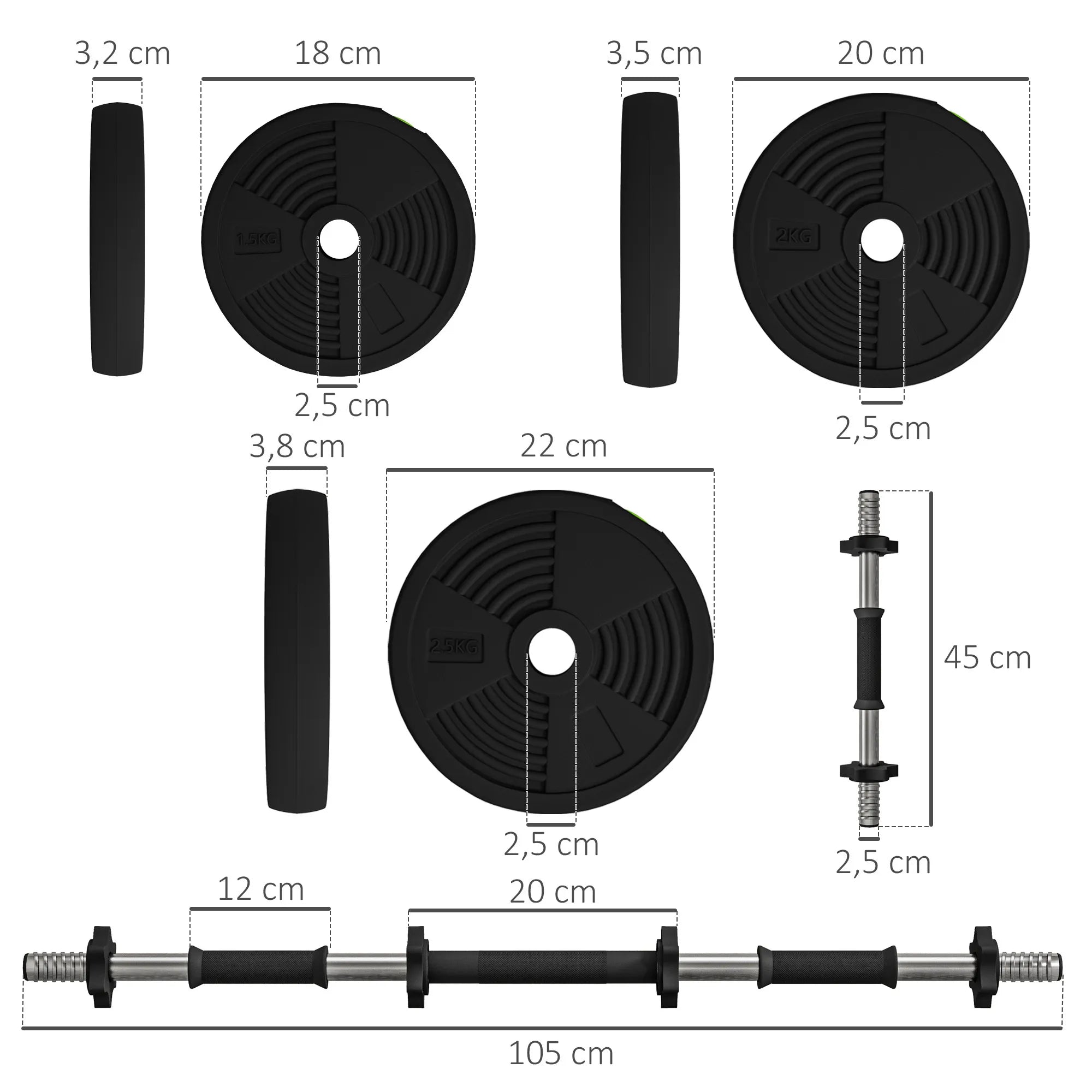 Hantelių komplektas 2-in-1, ilga ir trumpa hanteliai, 25 kg, juoda/žalia