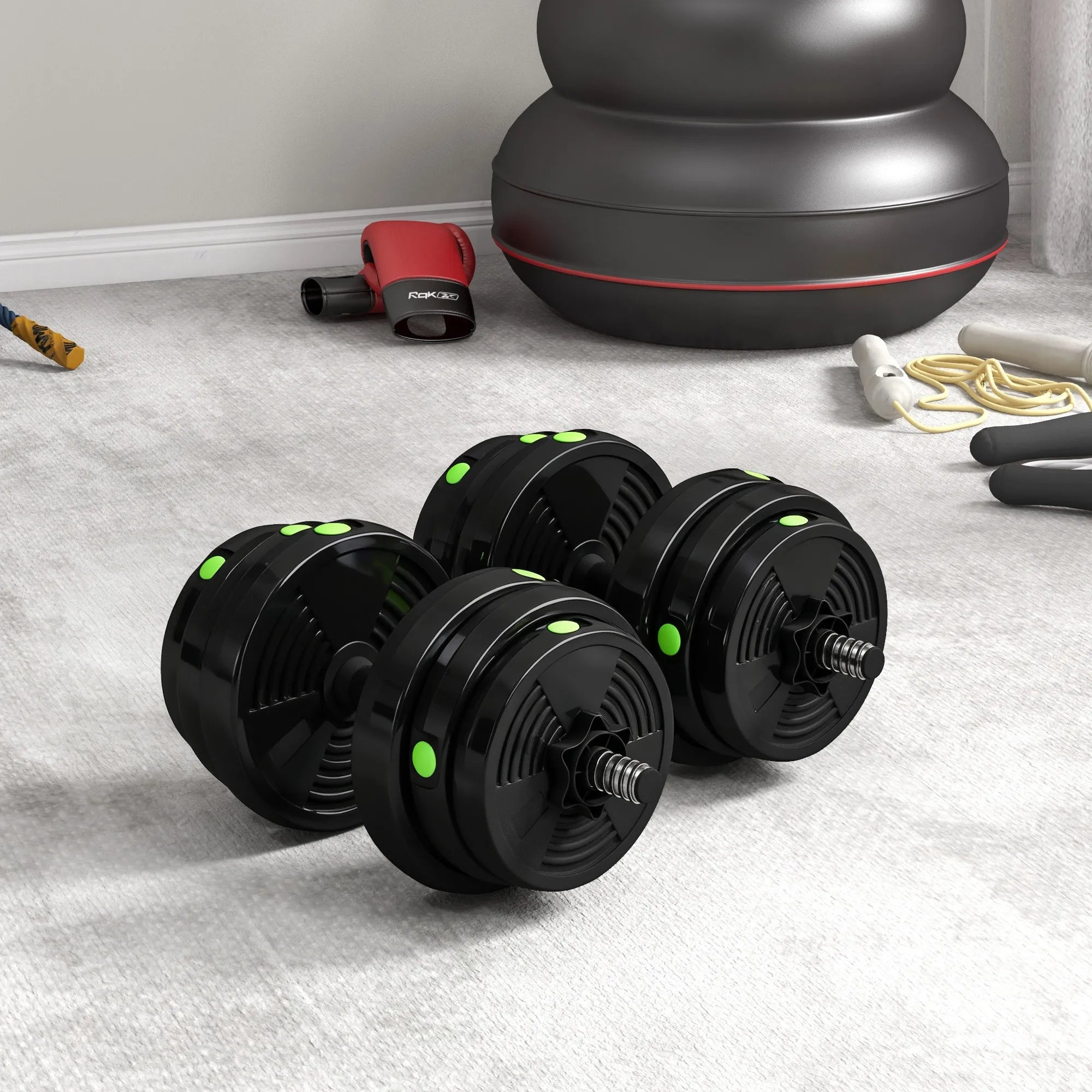 Hantelių komplektas 2-in-1, ilga ir trumpa hanteliai, 25 kg, juoda/žalia