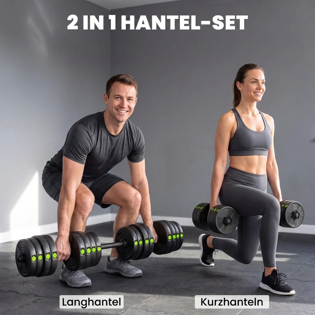 Hantelių komplektas 2-in-1, reguliuojamas, 30 kg, juodai žalias