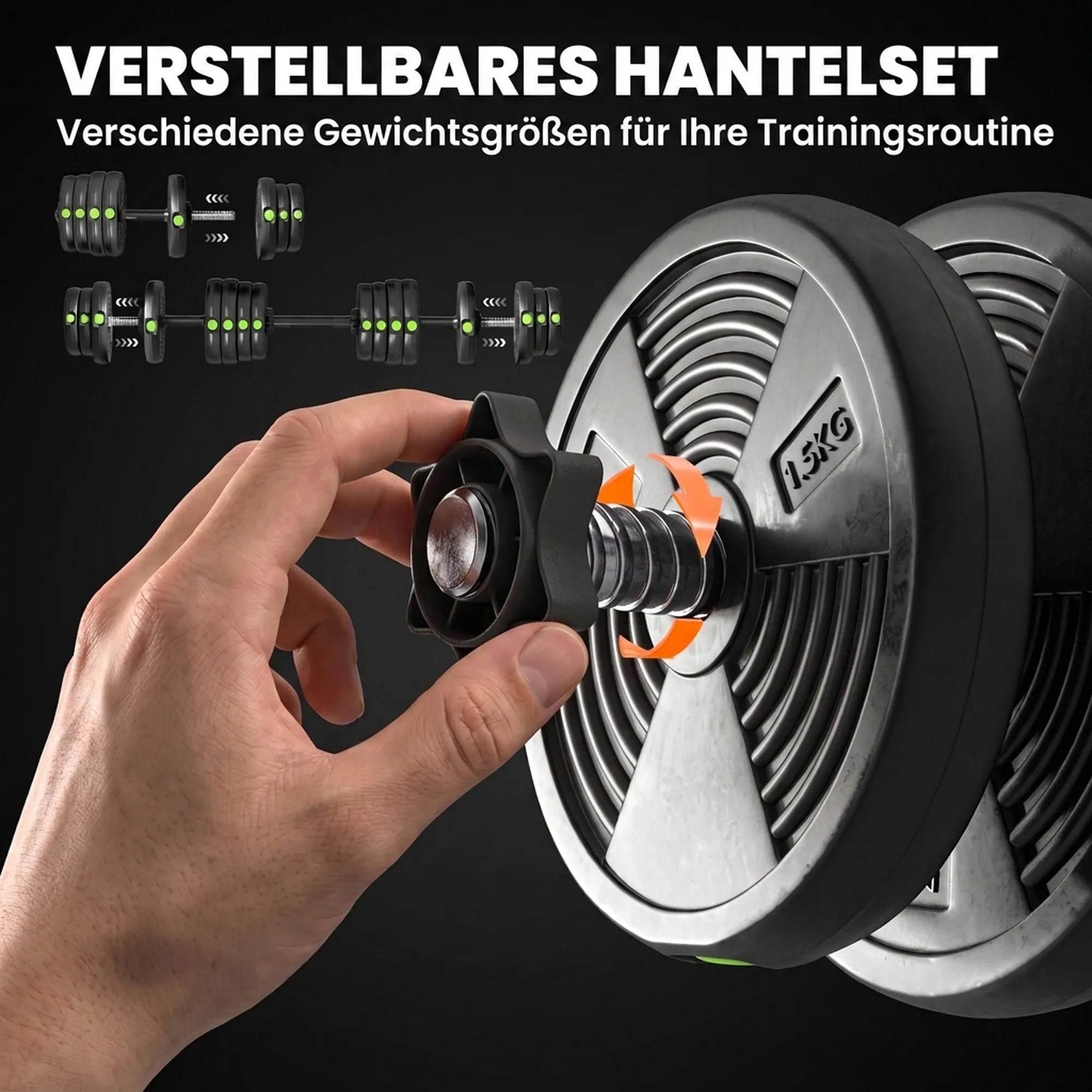 Hantelių komplektas 2-in-1, reguliuojamas, 30 kg, juodai žalias