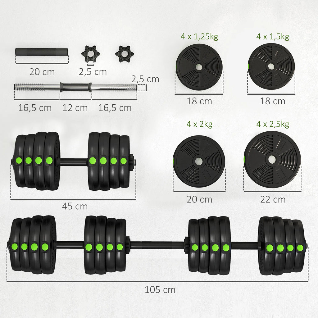 Hantelių komplektas 2-in-1, reguliuojamas, 30 kg, juodai žalias