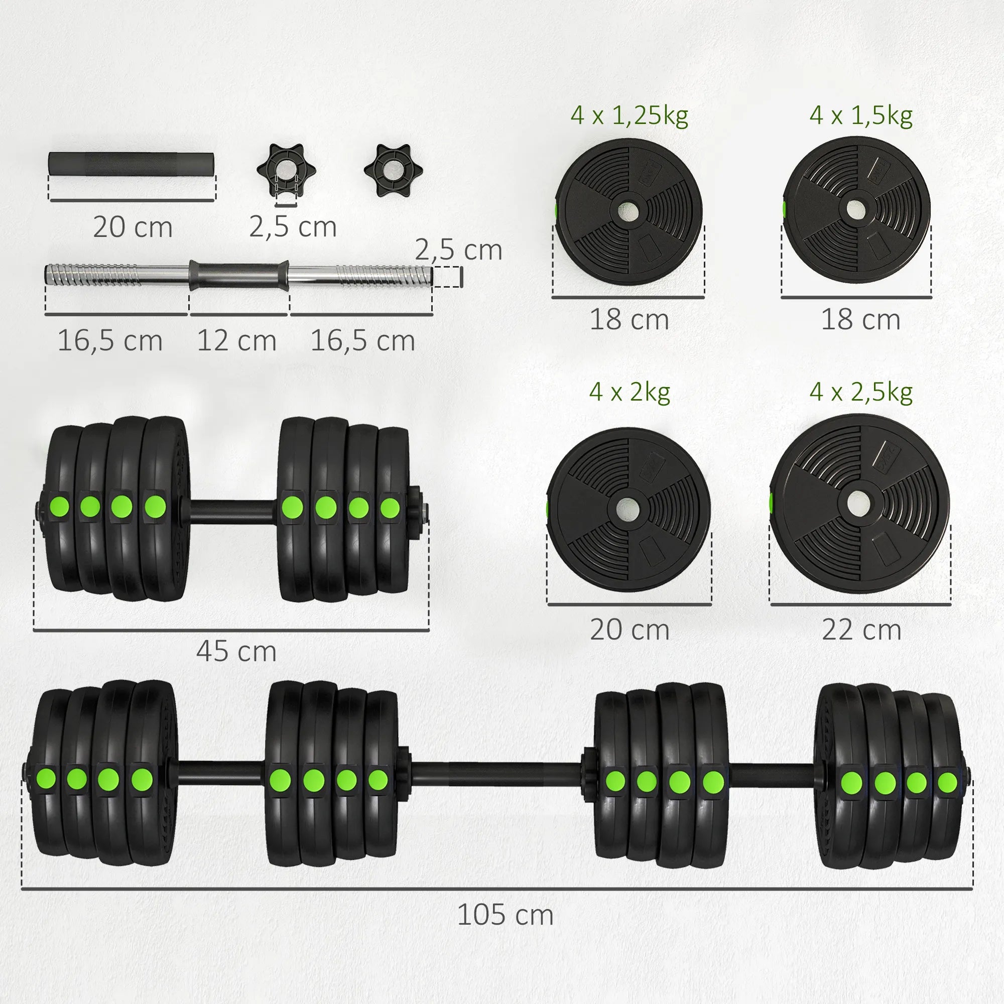Hantelių komplektas 2-in-1, reguliuojamas, 30 kg, juodai žalias
