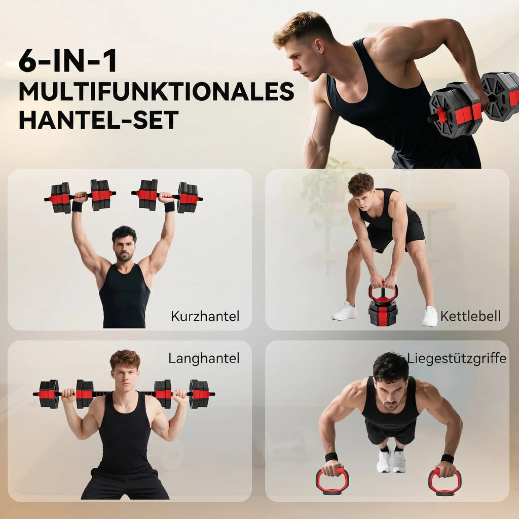 Hantelių komplektas reguliuojamų svorių 6-in-1, 20 kg, raudonas