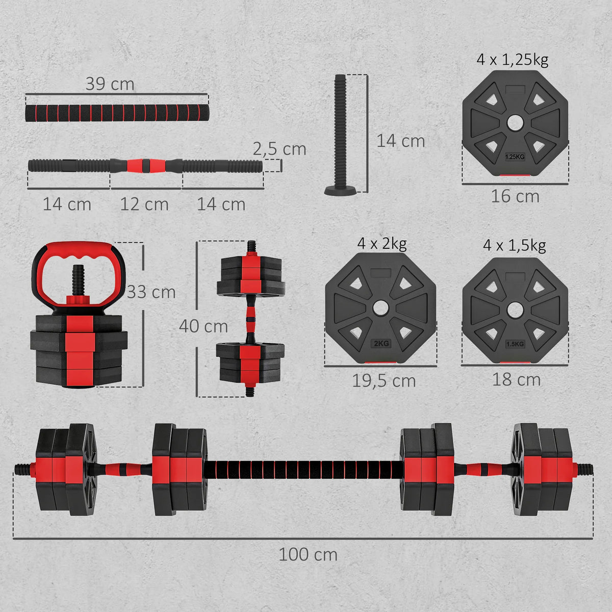Hantelių komplektas reguliuojamų svorių 6-in-1, 20 kg, raudonas