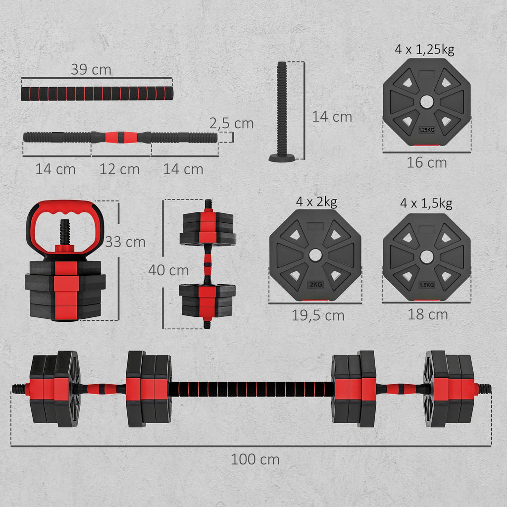Hantelių komplektas reguliuojamų svorių 6-in-1, 20 kg, raudonas