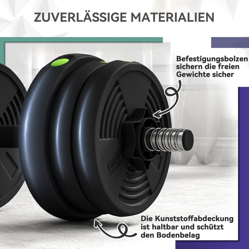 Hantelių rinkinys 2-in-1, 20 kg, sujungiamas į štangą, juodas su žalia