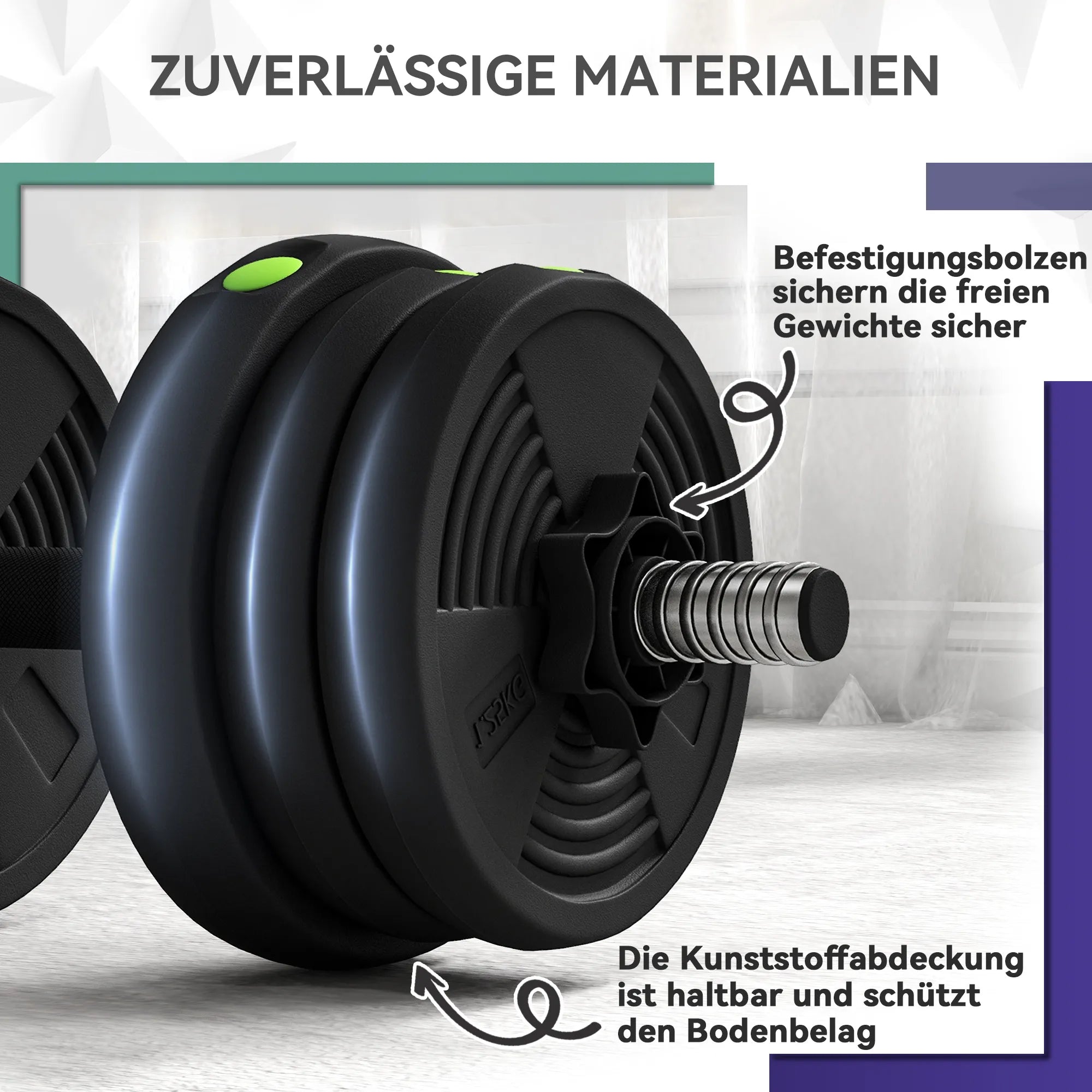 Hantelių rinkinys 2-in-1, 20 kg, sujungiamas į štangą, juodas su žalia