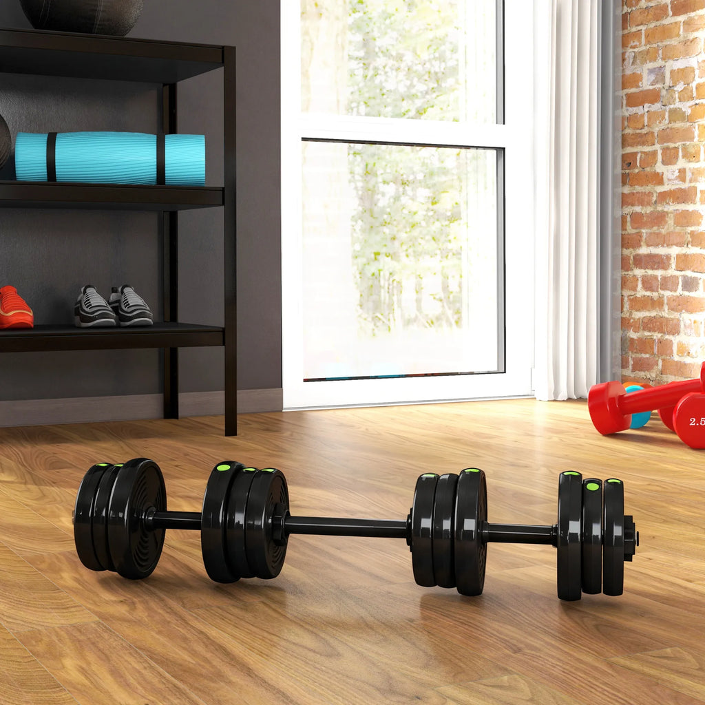Hantelių rinkinys 2-in-1, 20 kg, sujungiamas į štangą, juodas su žalia