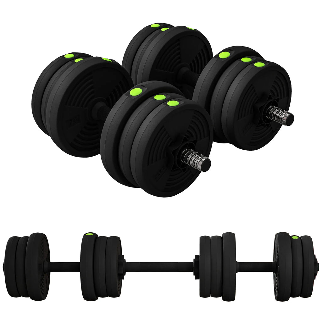 Hantelių rinkinys 2-in-1, 20 kg, sujungiamas į štangą, juodas su žalia