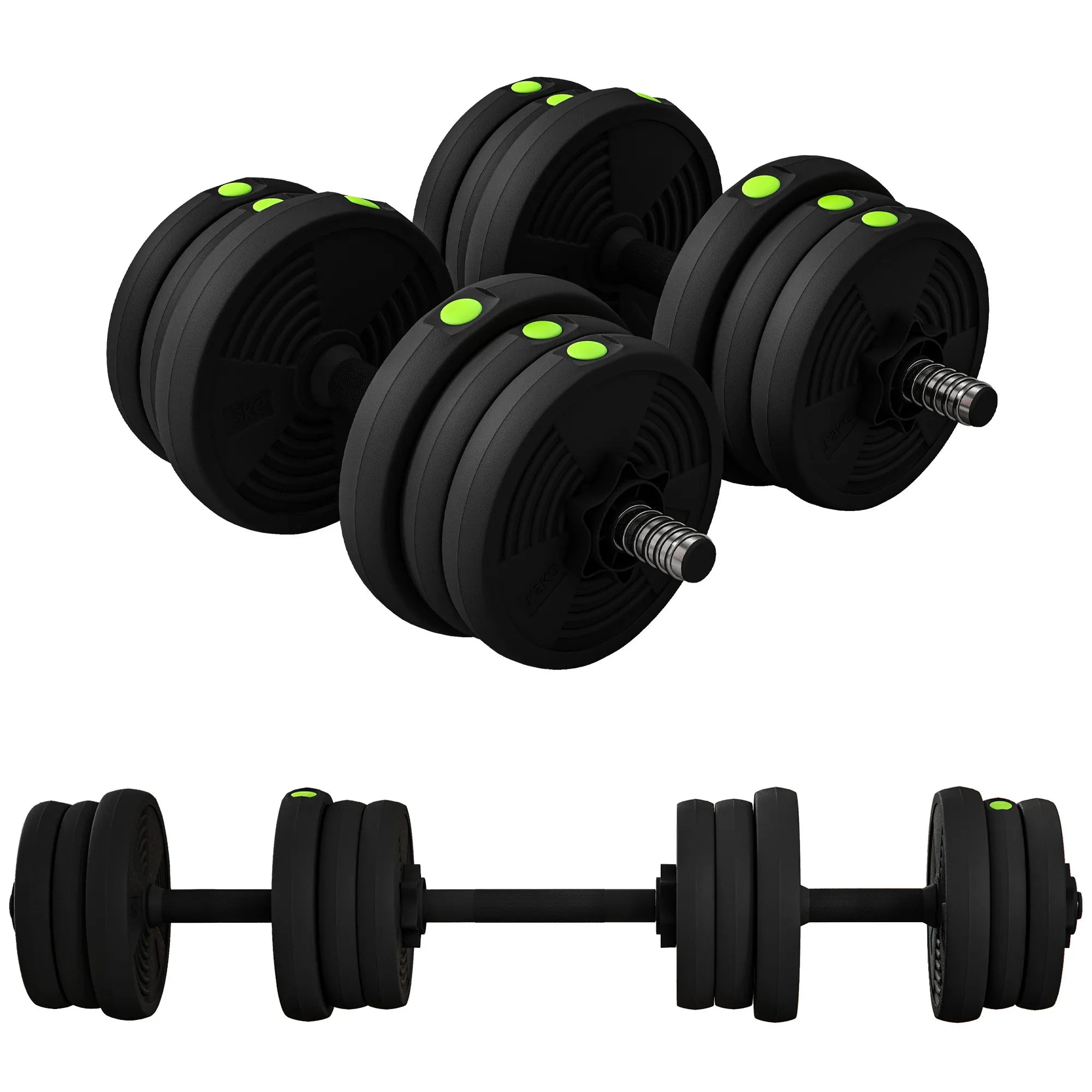 Hantelių rinkinys 2-in-1, 20 kg, sujungiamas į štangą, juodas su žalia