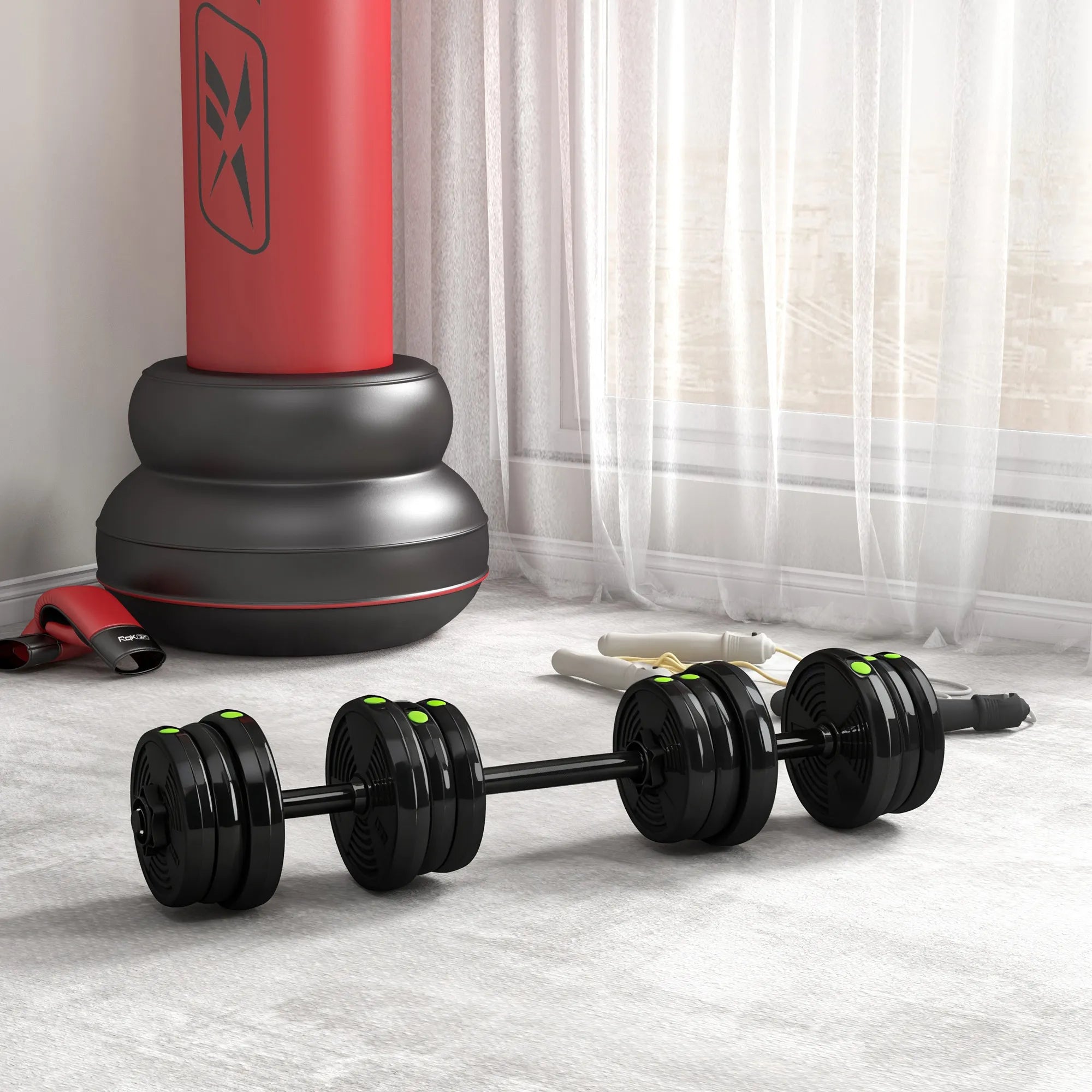 Hantelių rinkinys 2-in-1, 20 kg, sujungiamas į štangą, juodas su žalia