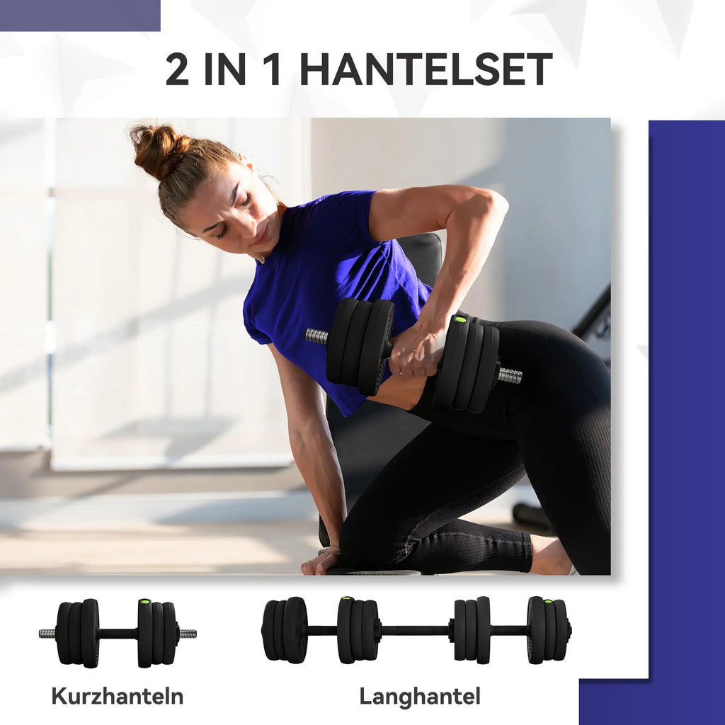 Hantelių rinkinys 2-in-1, 20 kg, sujungiamas į štangą, juodas su žalia