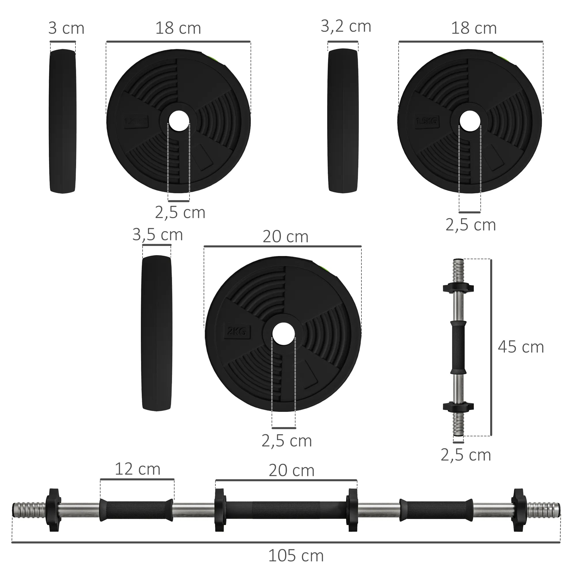 Hantelių rinkinys 2-in-1, 20 kg, sujungiamas į štangą, juodas su žalia
