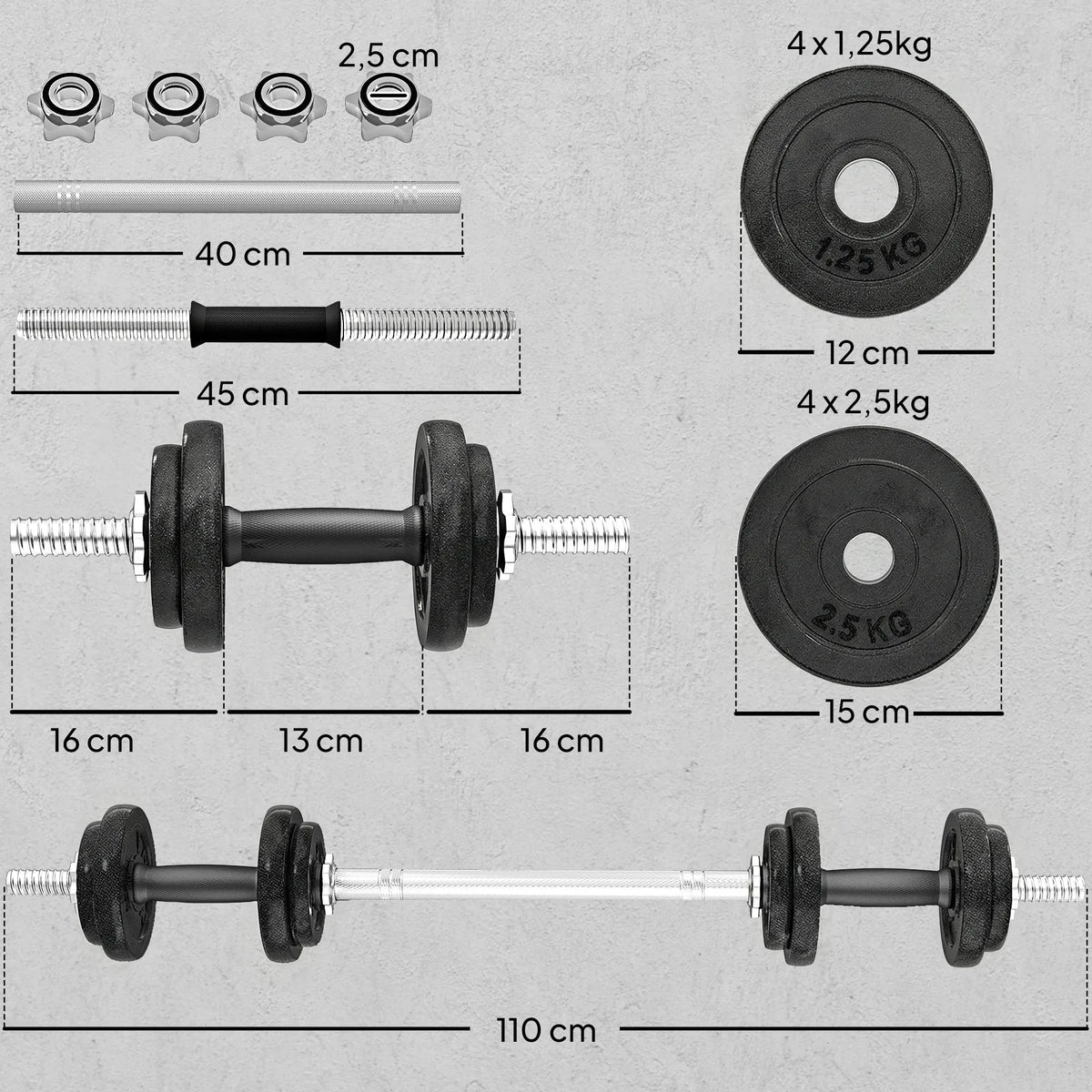Hantelių rinkinys 2-in-1 reguliuojamas iki 20 kg, pilkas