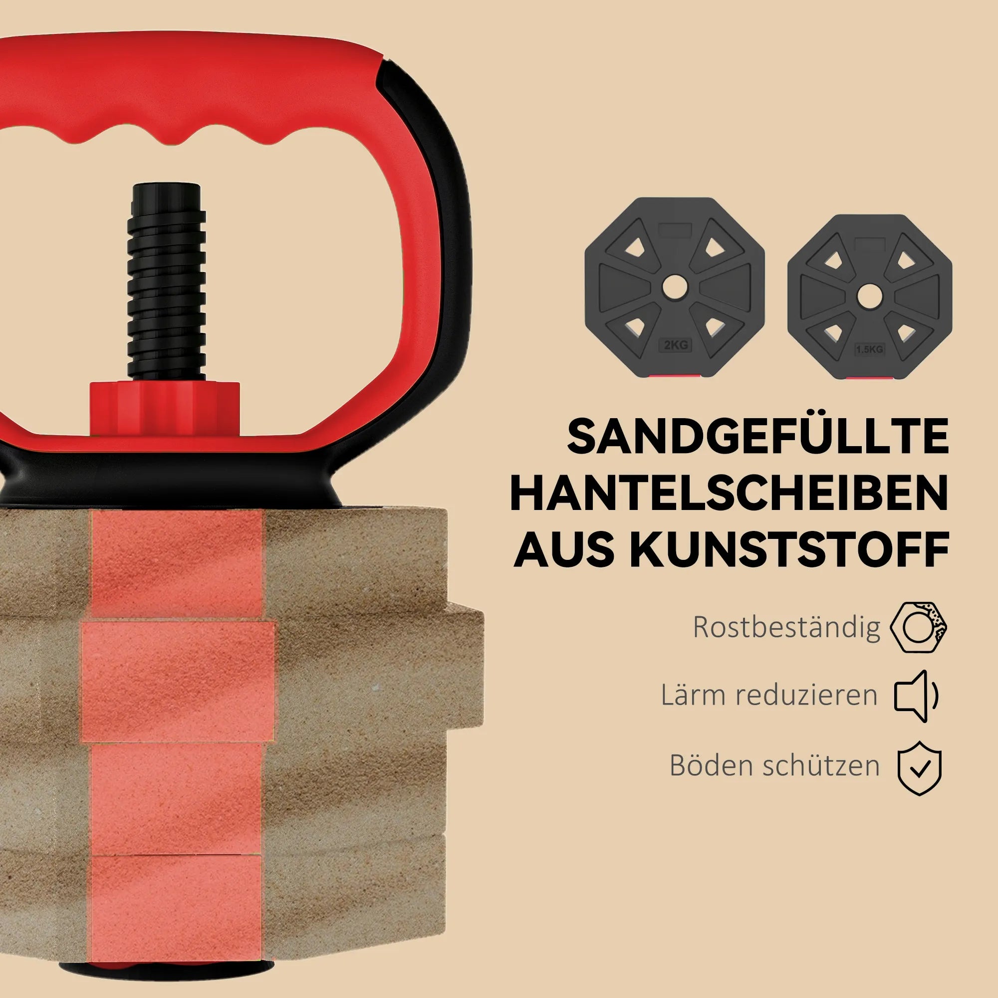 Hantelių rinkinys 4-in-1 komplektas su štanga ir svareliais, 15 kg, raudonas