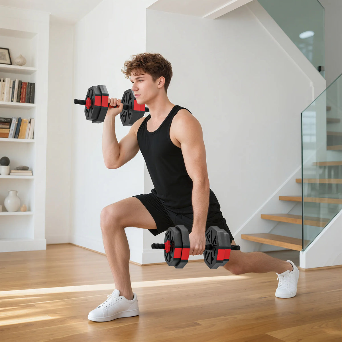 Hantelių rinkinys 4-in-1 komplektas su štanga ir svareliais, 15 kg, raudonas