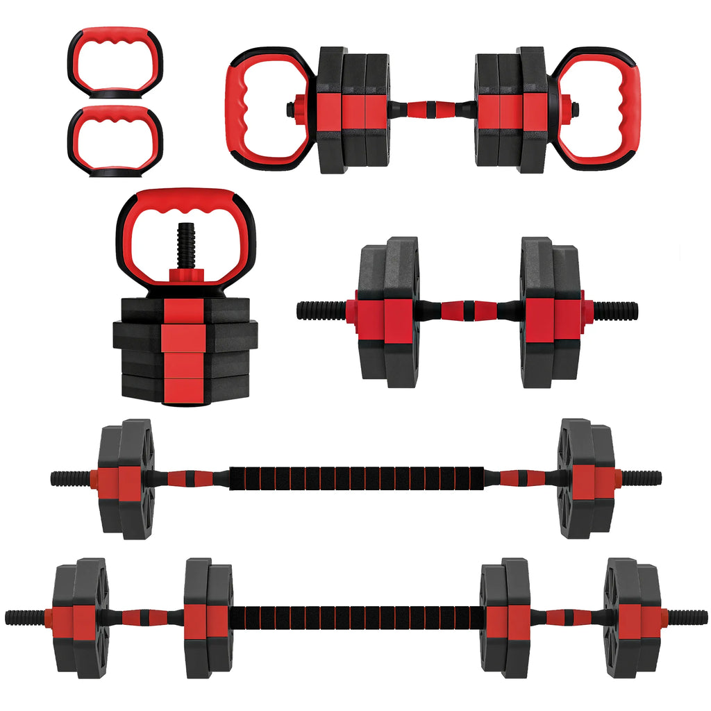 Hantelių rinkinys 4-in-1 komplektas su štanga ir svareliais, 15 kg, raudonas