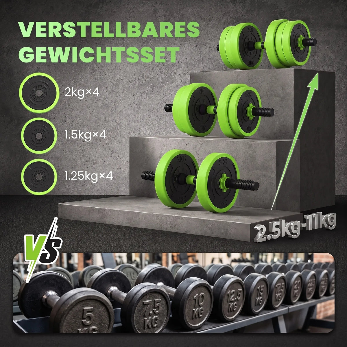 Hantelių rinkinys 4-viename 20 kg su reguliuojamu svoriu, žalias