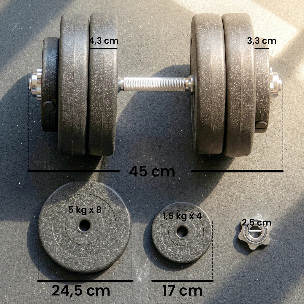 Nuotrauka iš viršaus rodo hantelės ilgį 45 cm ir svarelių dydžius: 24,5 cm, 17 cm ir 2,5 cm.