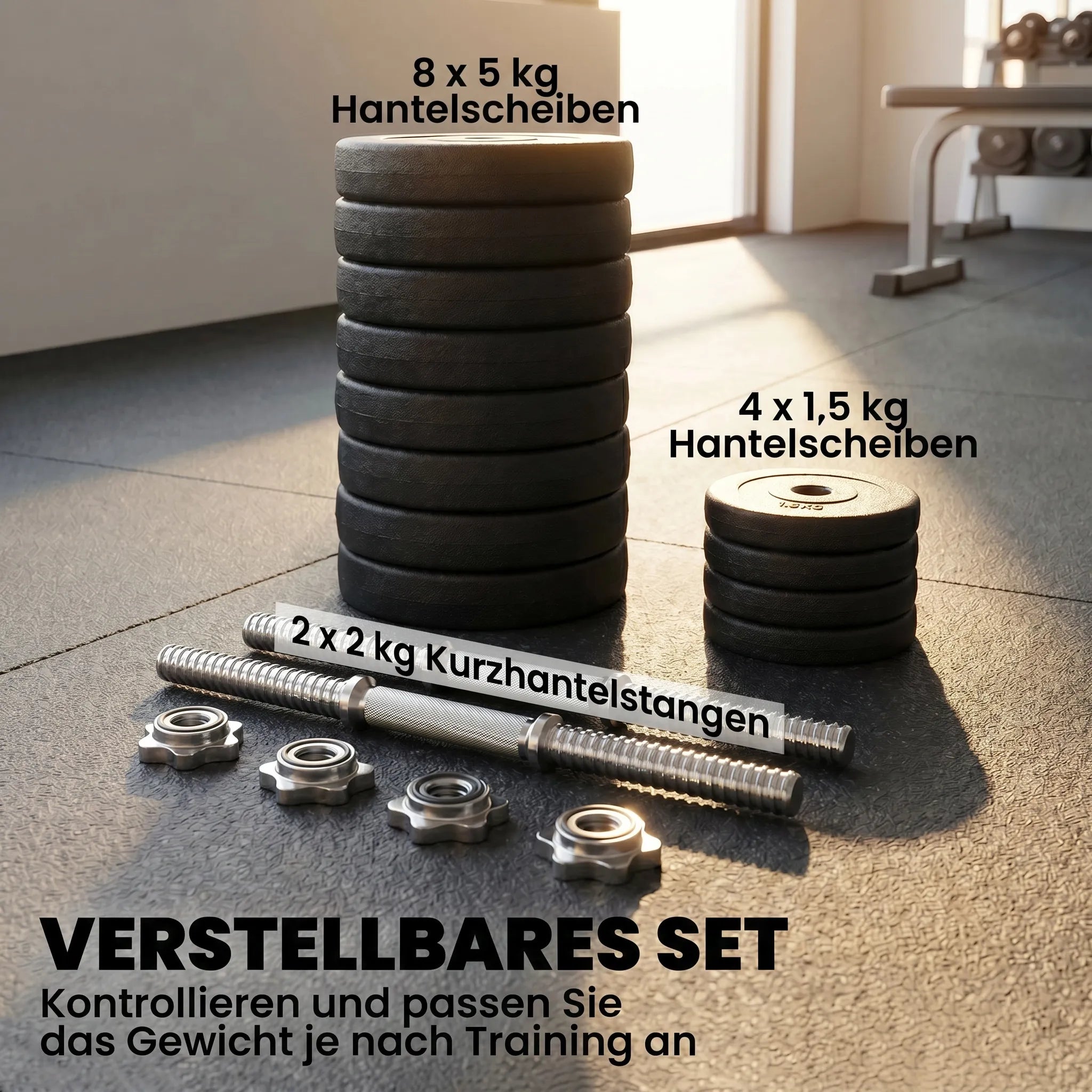 Ant grindų sukrautos 8 x 5 kg ir 4 x 1,5 kg svorio plokštelės su dviem hantelių strypais ir keturiais fiksatoriais.