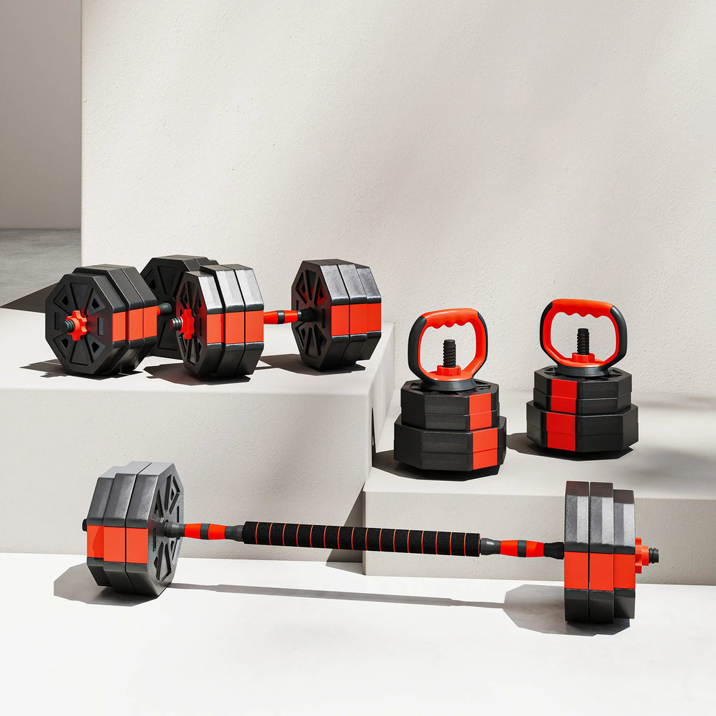 Hantelių rinkinys 6-in-1, reguliuojamas, 30 kg, raudonas