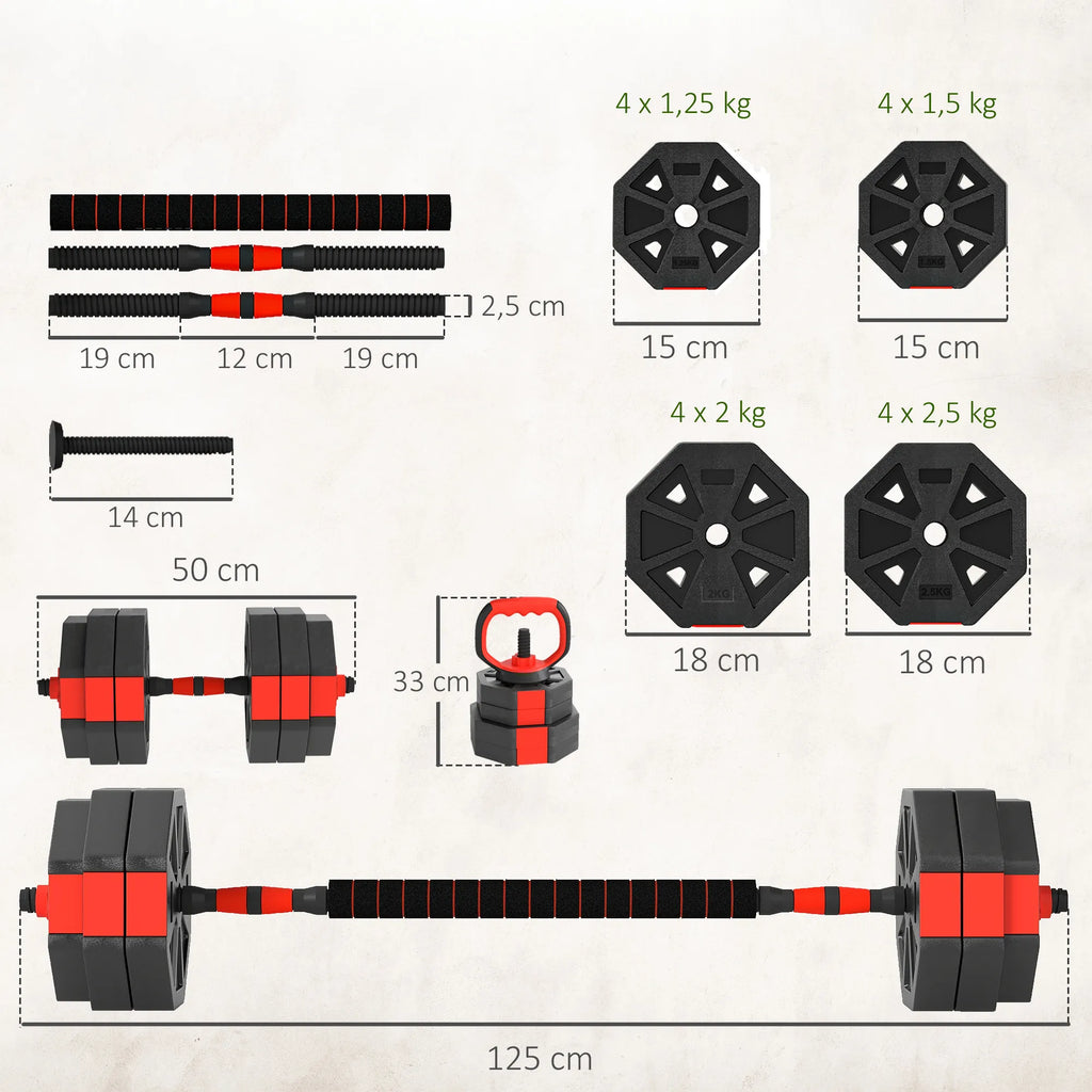 Hantelių rinkinys 6-in-1, reguliuojamas, 30 kg, raudonas